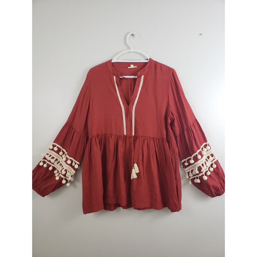 (O5) Cotton Bleu Womens Top Size L Pom Pom Peasant Boho Bohemia Tassel Rust